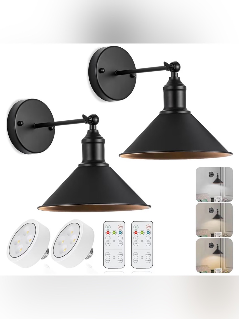 Battery Powered Industrial Black Metal Wall Sconces (Pair)